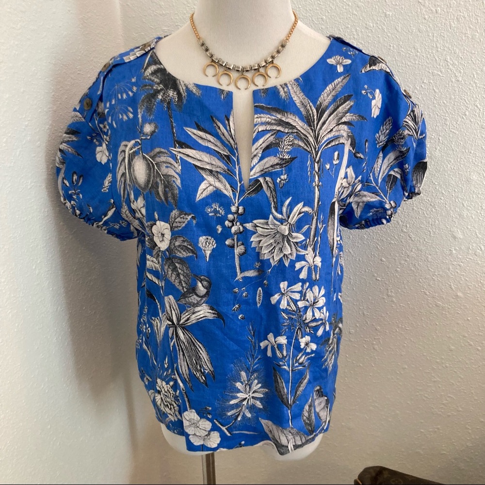 J. Crew Blue Linen Puff Sleeve Palm Print Top small